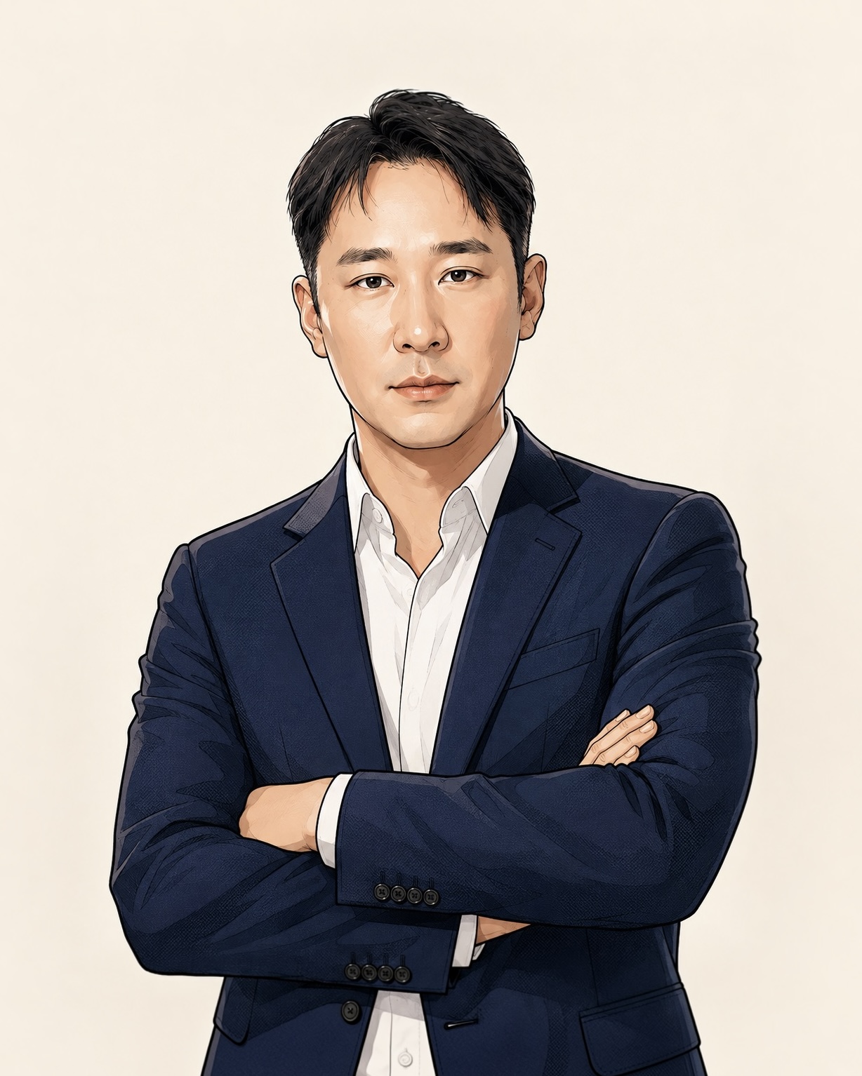 팔짱을 낀 Brian(이정민)의 정장 차림 초상 일러스트